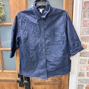 Old Navy Denim Shirt Women Large Blue 3/4 Sleeve Pearl Snap Vintage 2000s